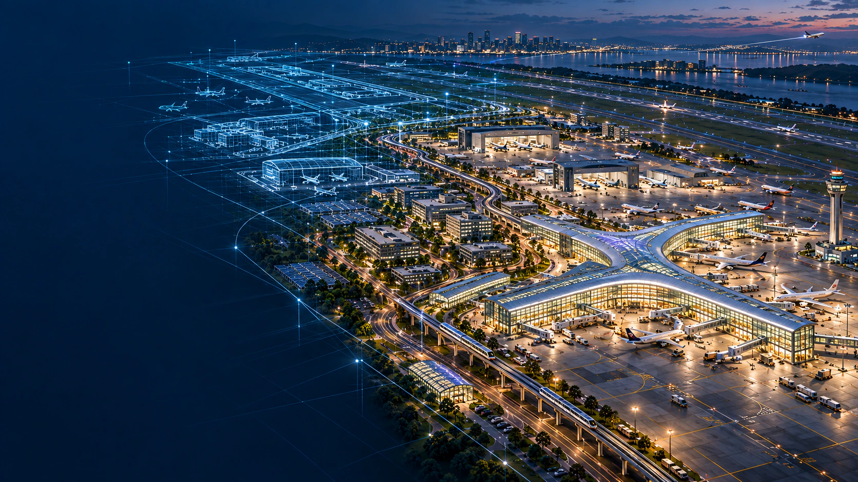 Integrated Airport Asset Architecture — airport ecosystem and digital twin concept.